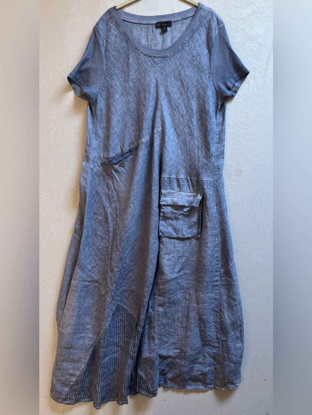 Carre Noir Womens XL Blue 100% Linen Short Sleeve Lagenlook Maxi Dress